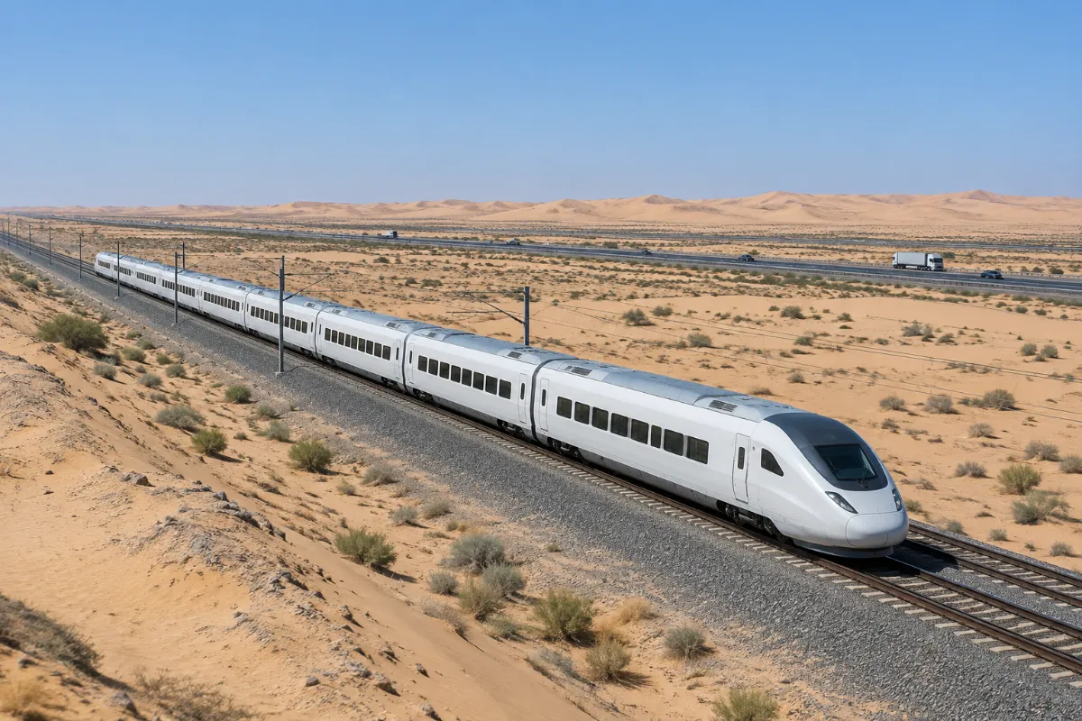 Persontåg genom ökenlandskapet mellan Dubai och Abu Dhabi