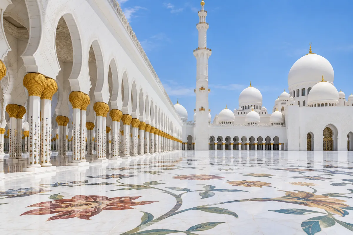 Innergården i Sheikh Zayed-moskén med blomdekor i marmorgolvet