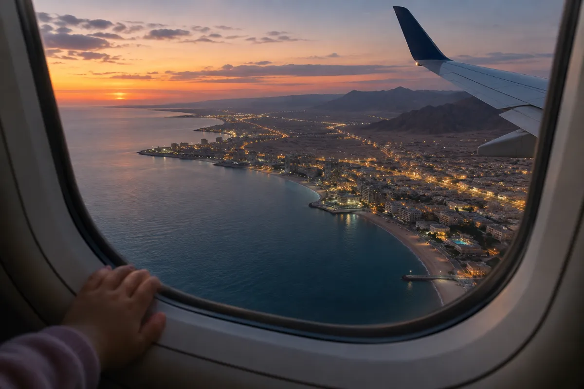 Utsikt från flygplansfönstret vid inflygningen mot Dubai