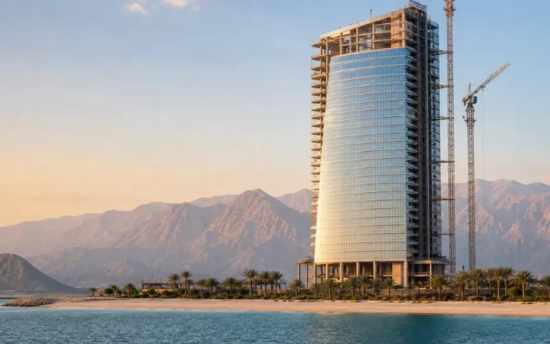 Nytt hotelltorn med byggkranar på en ö utanför kusten i Ras Al Khaimah