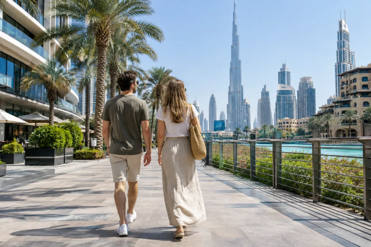 Turister i knälånga shorts och lång kjol på en gata i Dubai