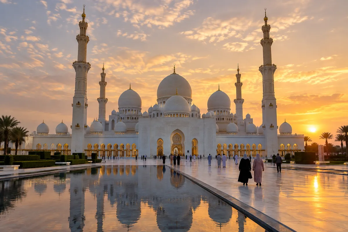 Besökare i fotsida kläder och sjalar vid Sheikh Zayed-moskén i Abu Dhabi