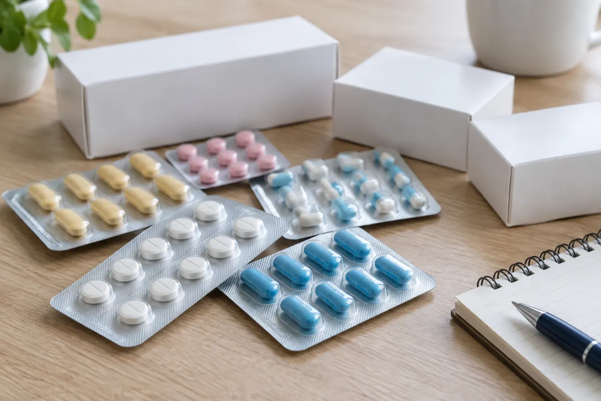 Receptbelagda tabletter i blisterförpackningar på ett bord