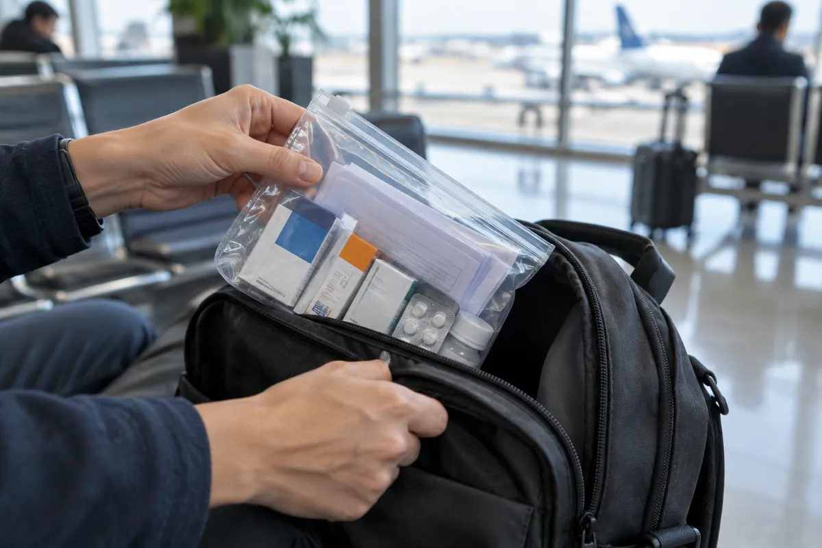 Läkemedel och intyg packas i handbagaget inför flyget till Dubai