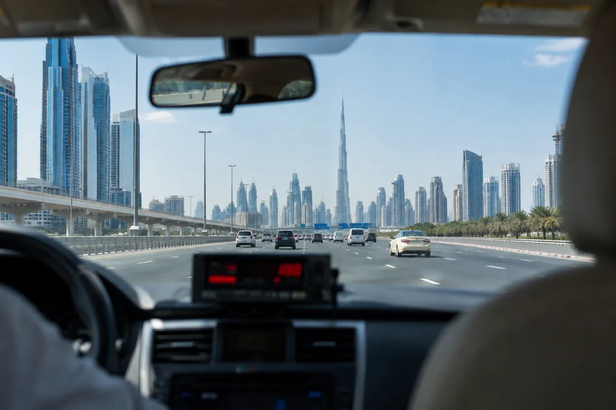 Taxameter i en taxi på väg mot Dubais skyline