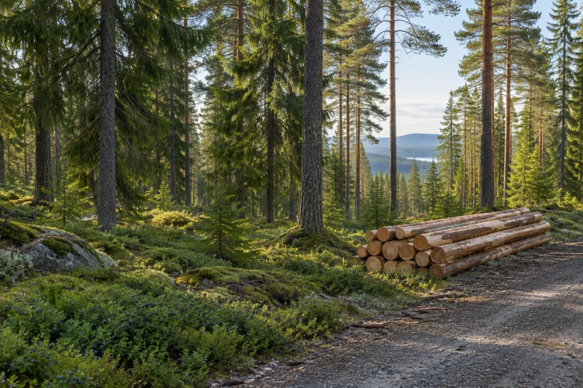 Barrskog i Dalarna med höga raka stammar och barkade stockar vid en skogsväg