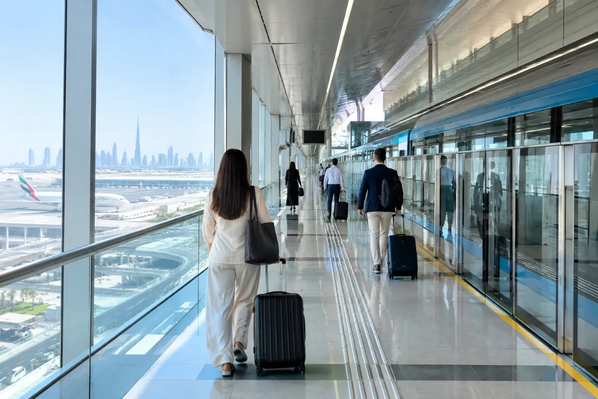Perrong i tunnelbanestationen vid flygplatsen i Dubai med resenärer och resväskor