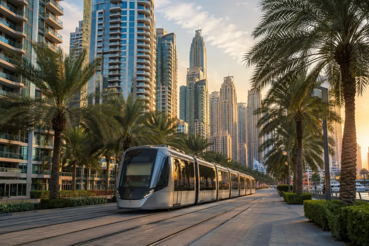 Spårvagn på väg mellan höga bostadstorn i Dubai Marina